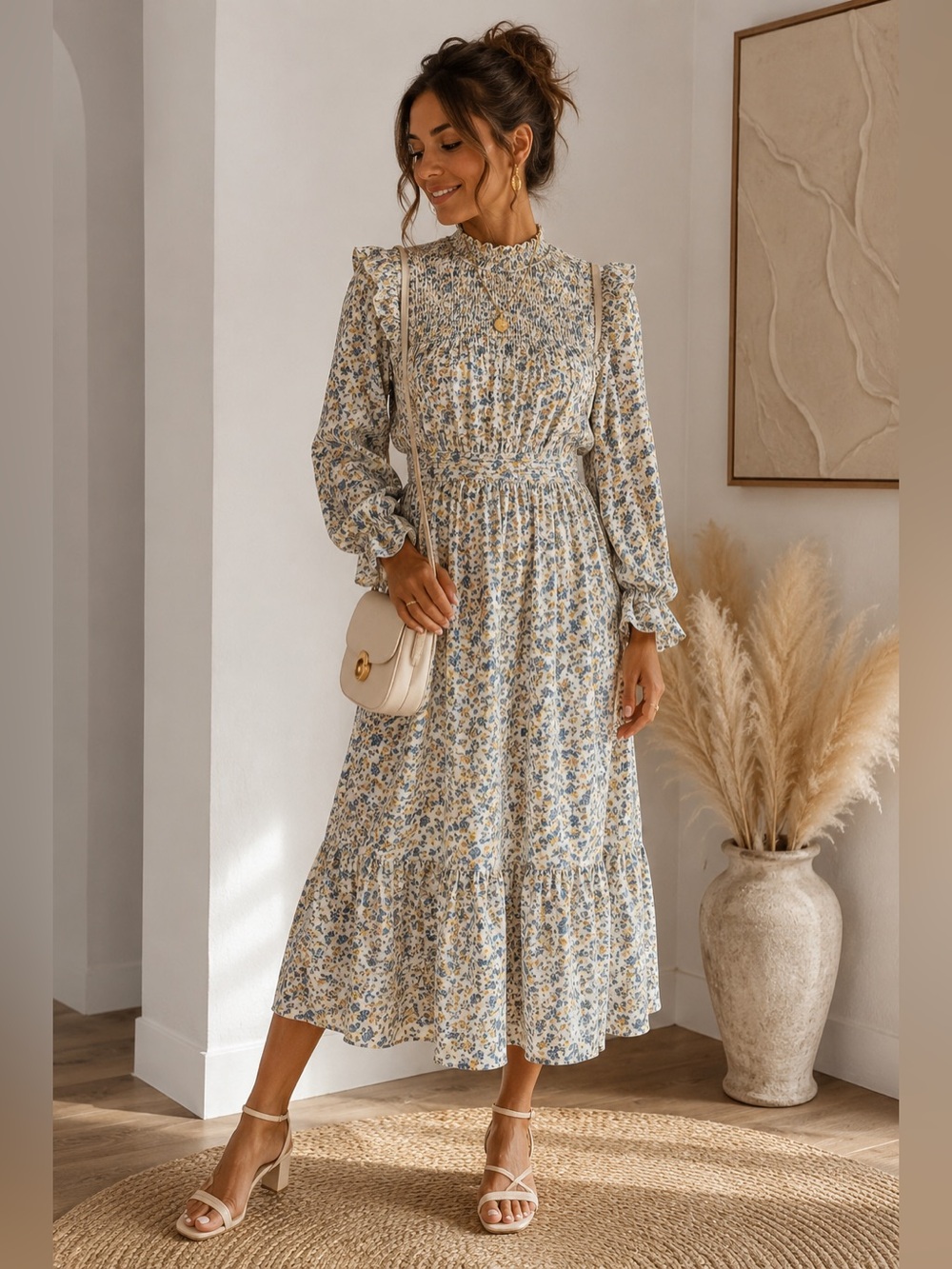 Smocked High-Neck Long Sleeve Floral Midi Dress in Cream and Blue
